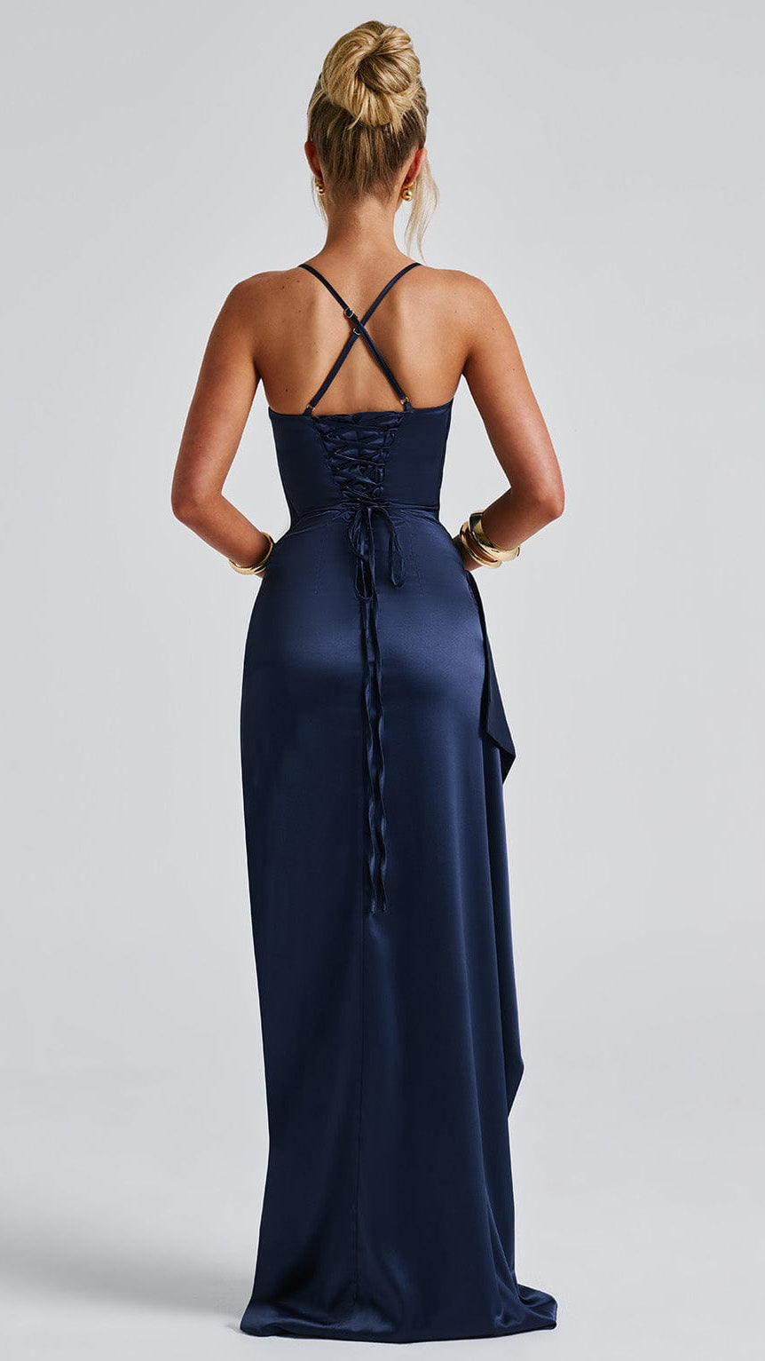 MAISON AVELORE HELEN ICON — Robe Longue en Satin Drapé (Bleu Marine)