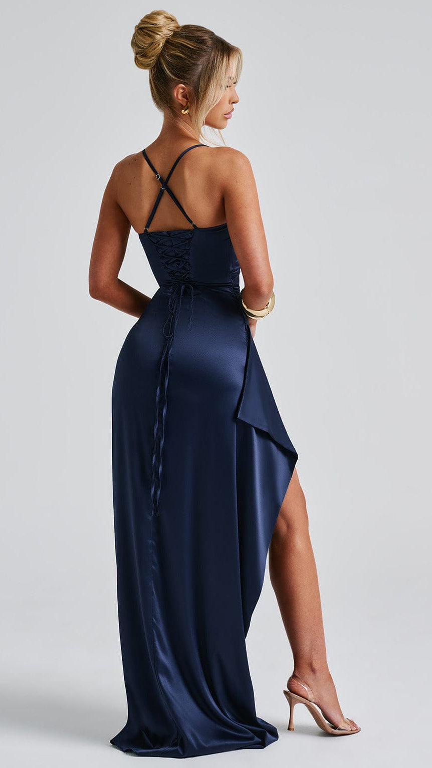 MAISON AVELORE HELEN ICON — Robe Longue en Satin Drapé (Bleu Marine)