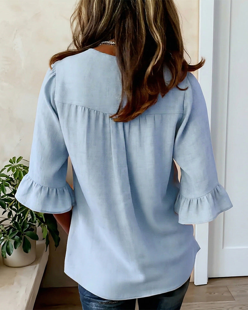 Sophia | Chemisier en Coton et Lin à Boutons Effet Bois et Manches Volantées