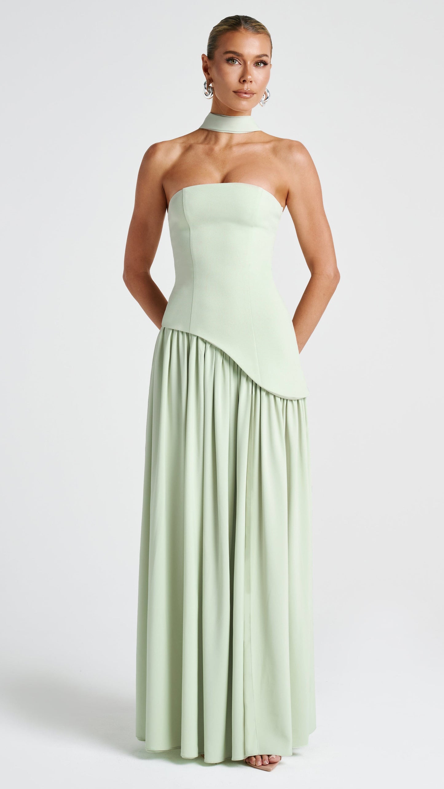 MAISON AVELORE MALIYAH — Robe Longue Bustier en Mousseline (Menthe)