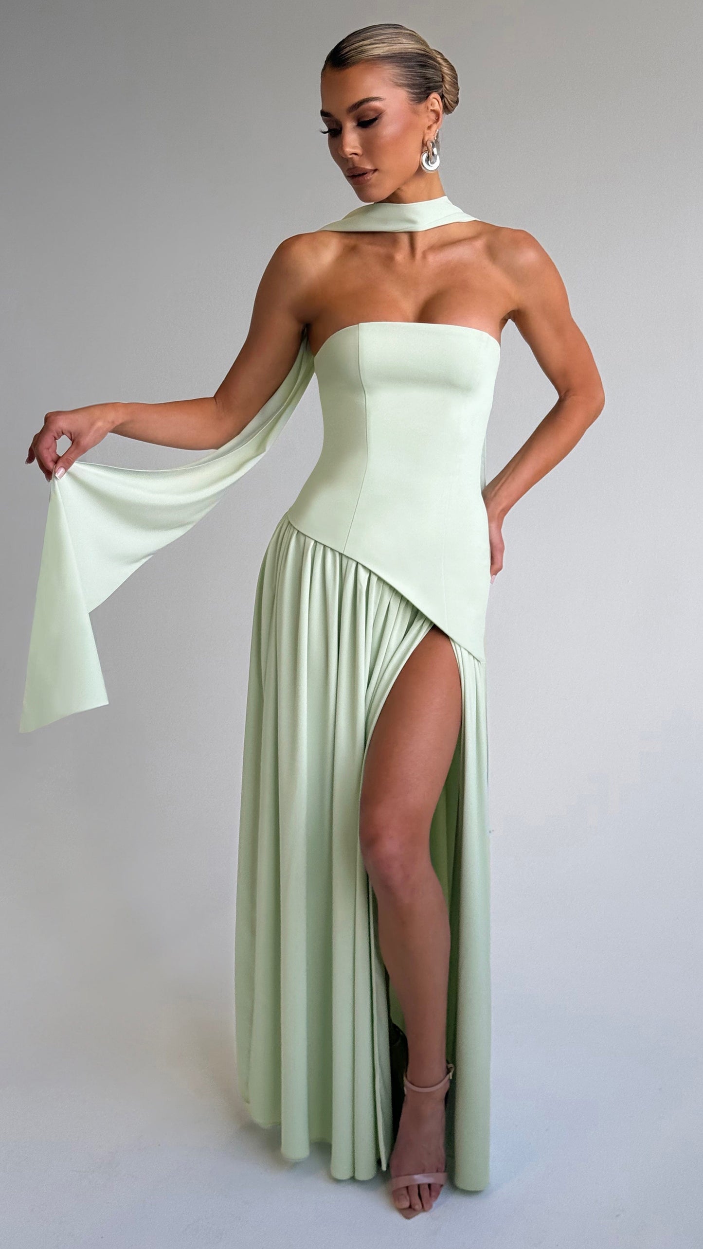 MAISON AVELORE MALIYAH — Robe Longue Bustier en Mousseline (Menthe)