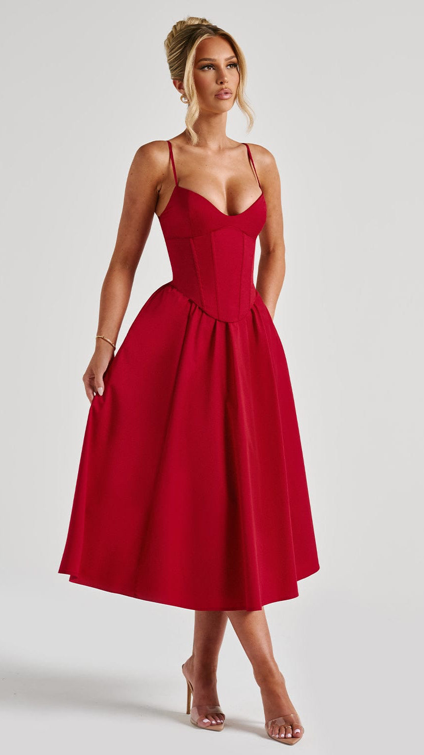MAISON AVELORE MARIELLA — Robe Midi Corset (Rouge)