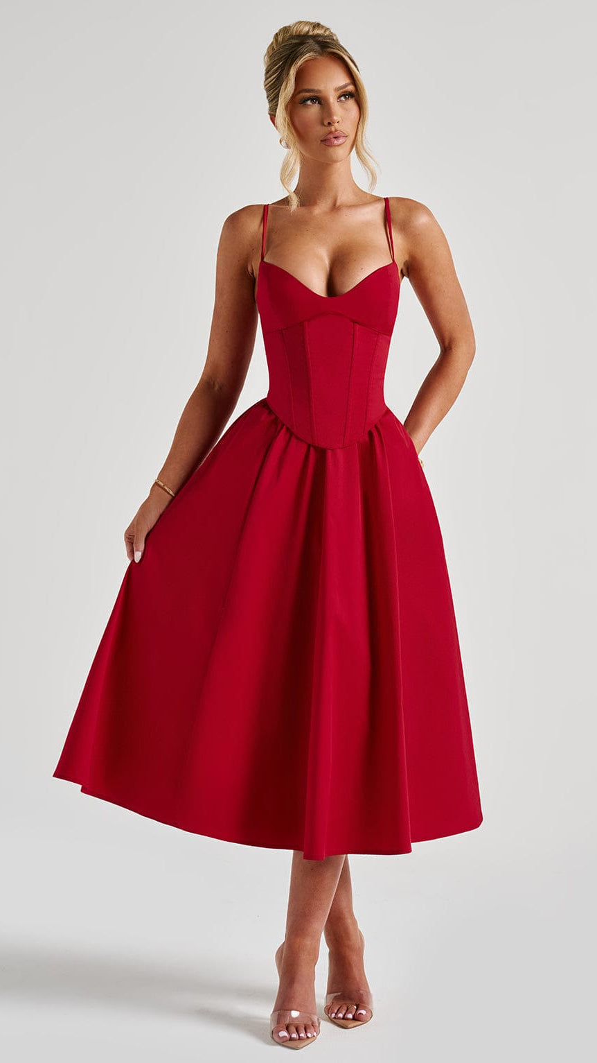 MAISON AVELORE MARIELLA — Robe Midi Corset (Rouge)