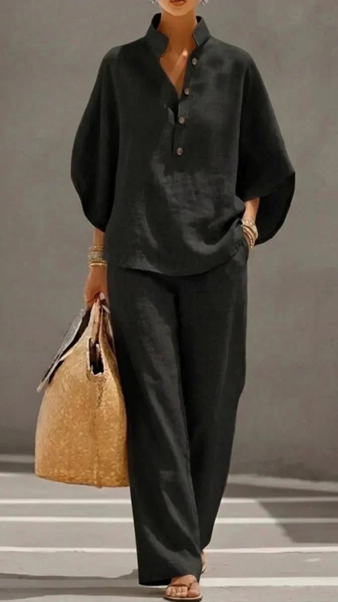 Maribel™ | Ensemble en lin avec blouse à manches chauve-souris et pantalon large.