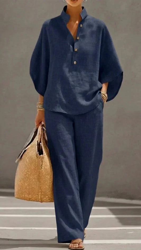 Maribel™ | Ensemble en lin avec blouse à manches chauve-souris et pantalon large.