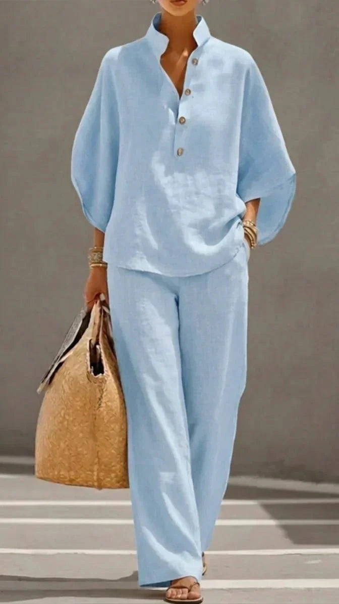 Maribel™ | Ensemble en lin avec blouse à manches chauve-souris et pantalon large.