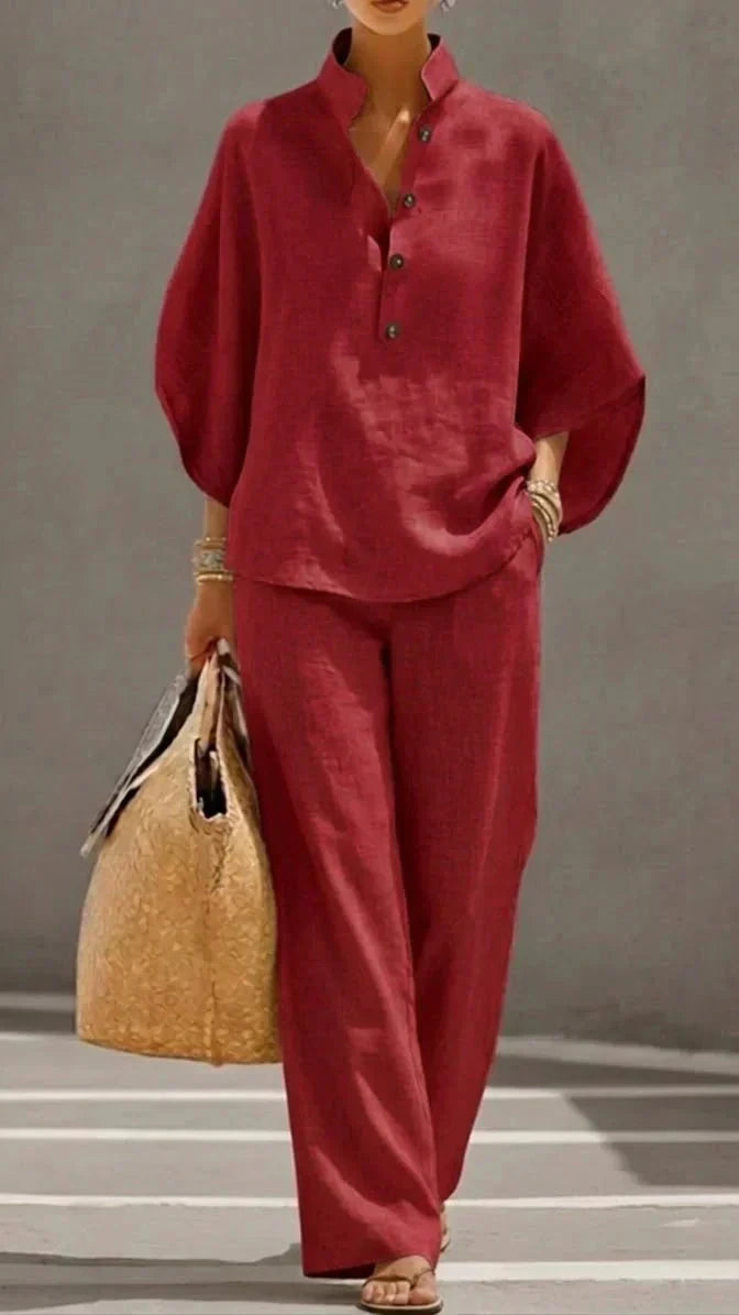 Maribel™ | Ensemble en lin avec blouse à manches chauve-souris et pantalon large.