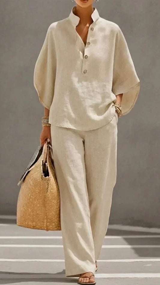 Maribel™ | Ensemble en lin avec blouse à manches chauve-souris et pantalon large.
