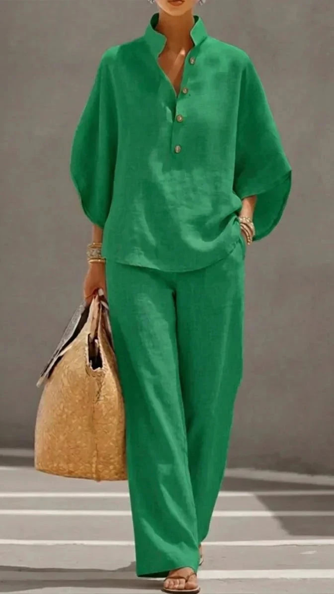 Maribel™ | Ensemble en lin avec blouse à manches chauve-souris et pantalon large.