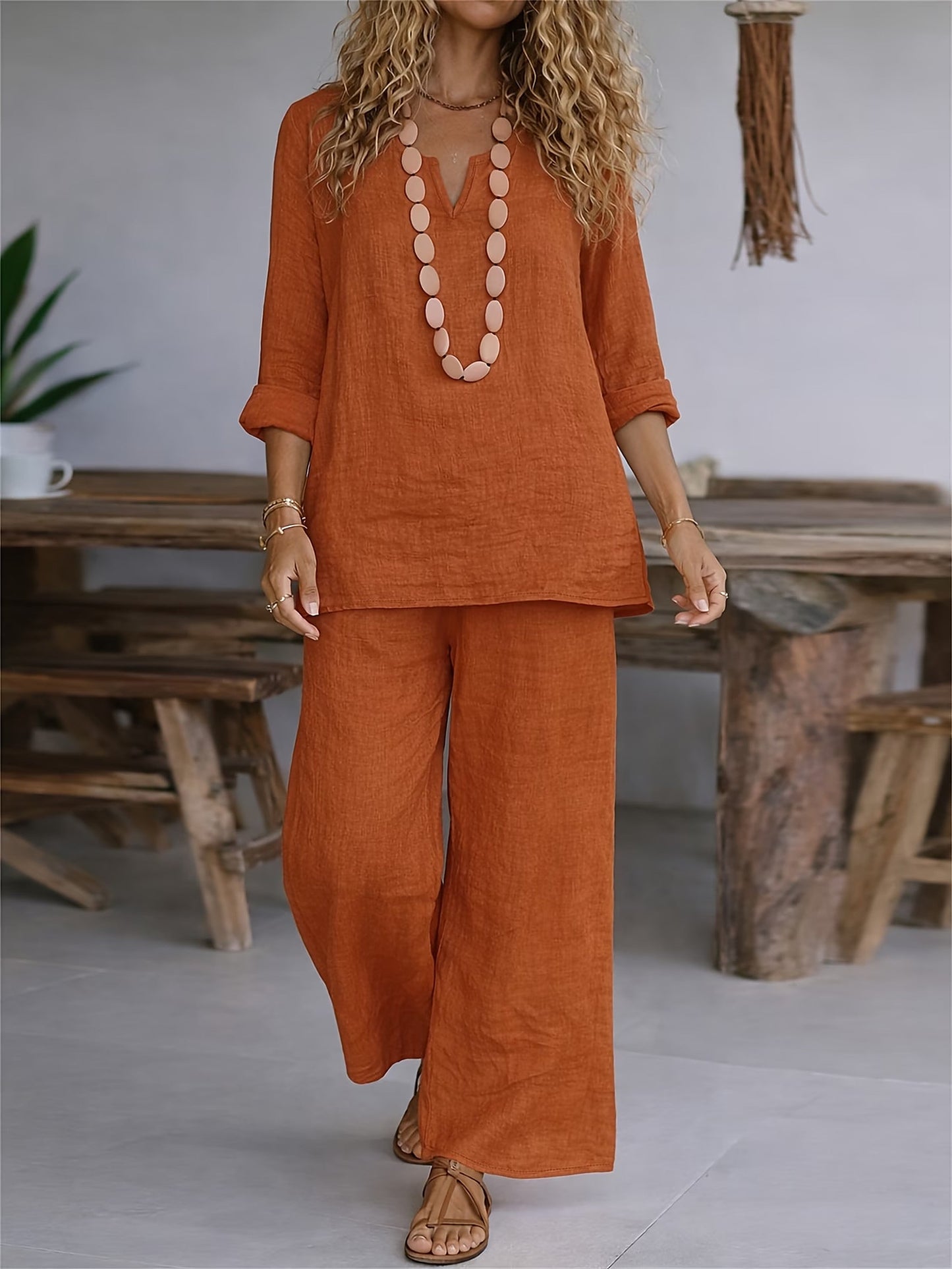 Haut à col en V et pantalon large en lin (Terracotta)