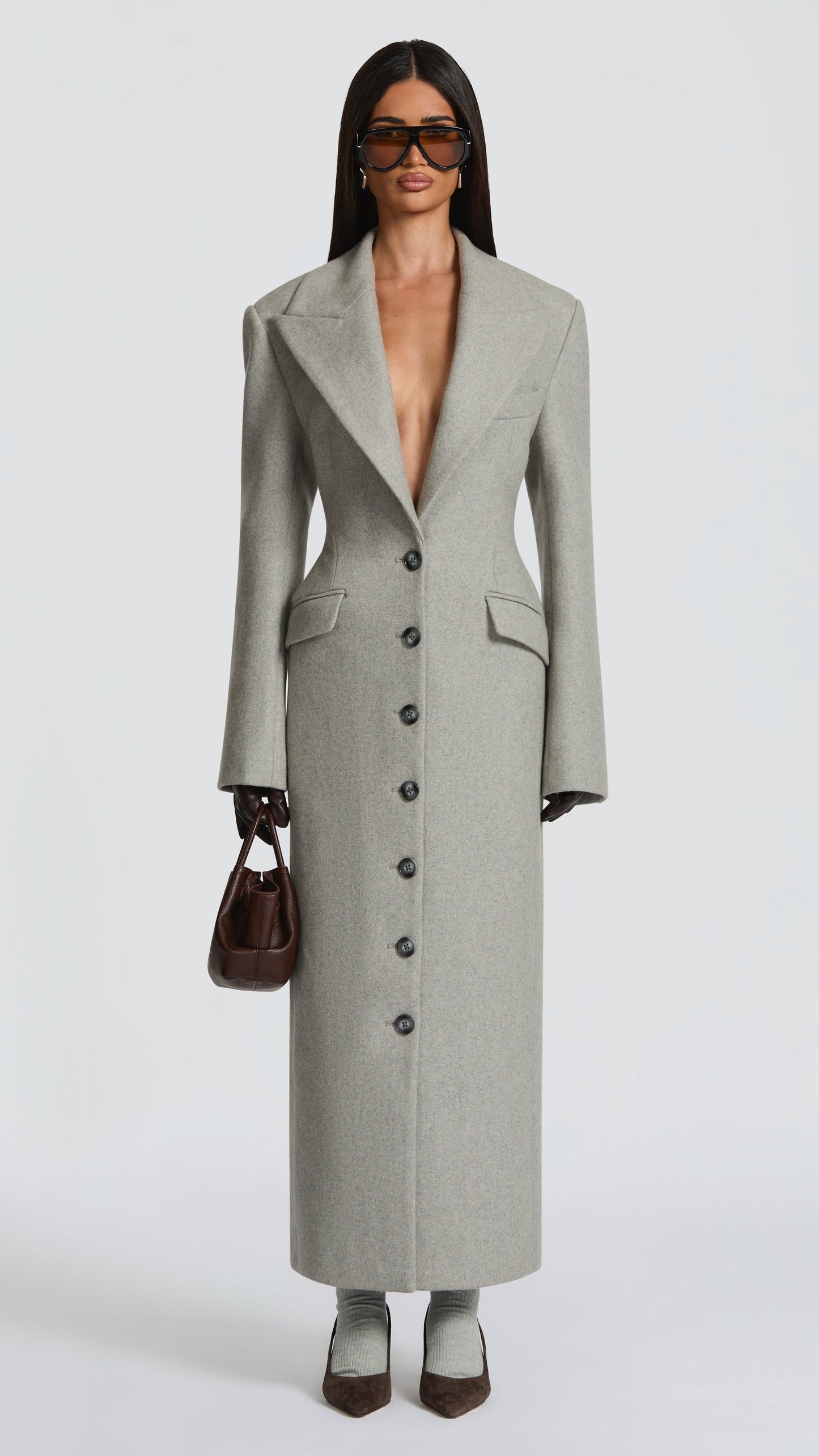 MAISON AVELORE URSULA — Long Manteau en Laine Mélangée (Gris Clair)