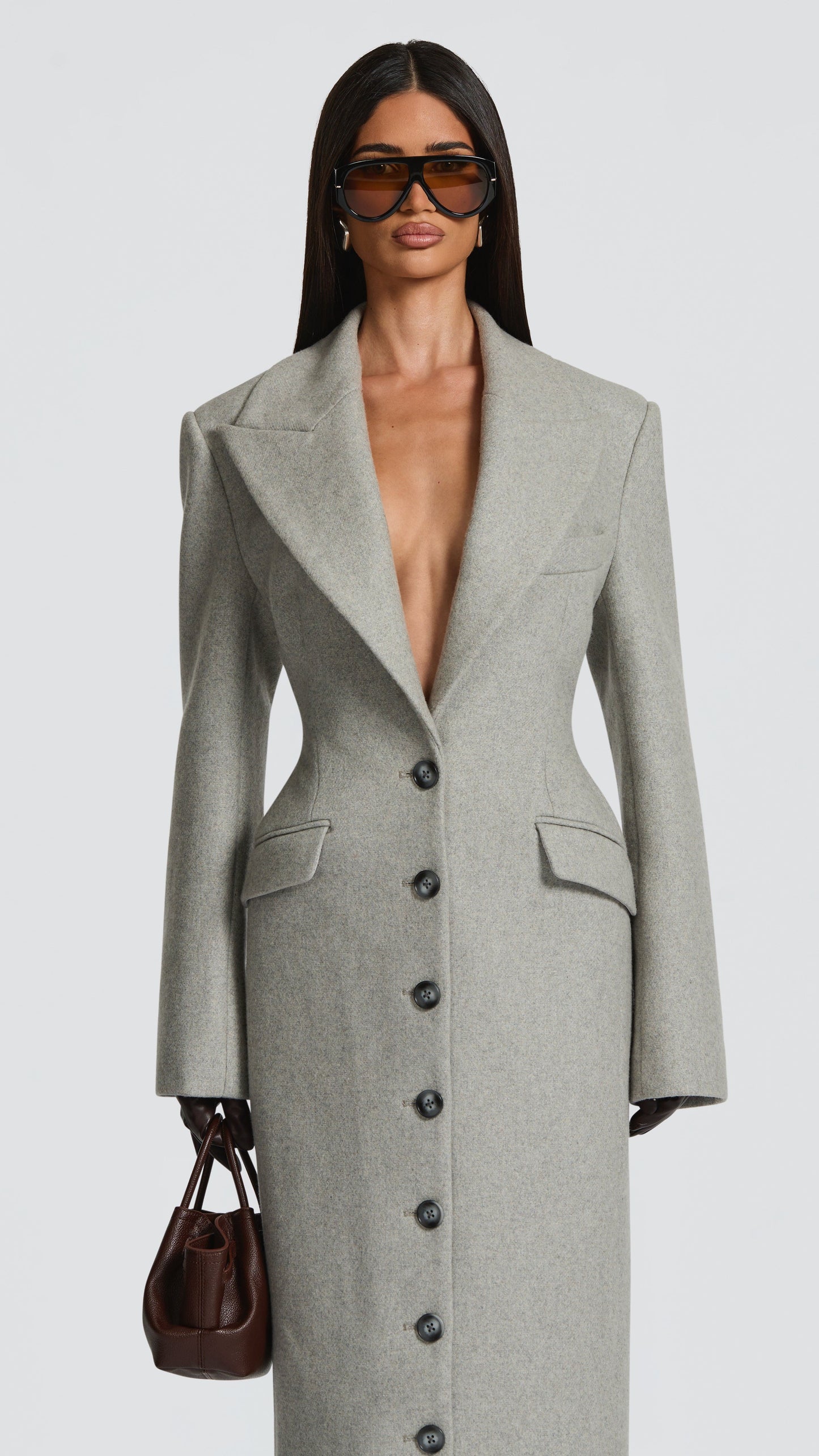 MAISON AVELORE URSULA — Long Manteau en Laine Mélangée (Gris Clair)