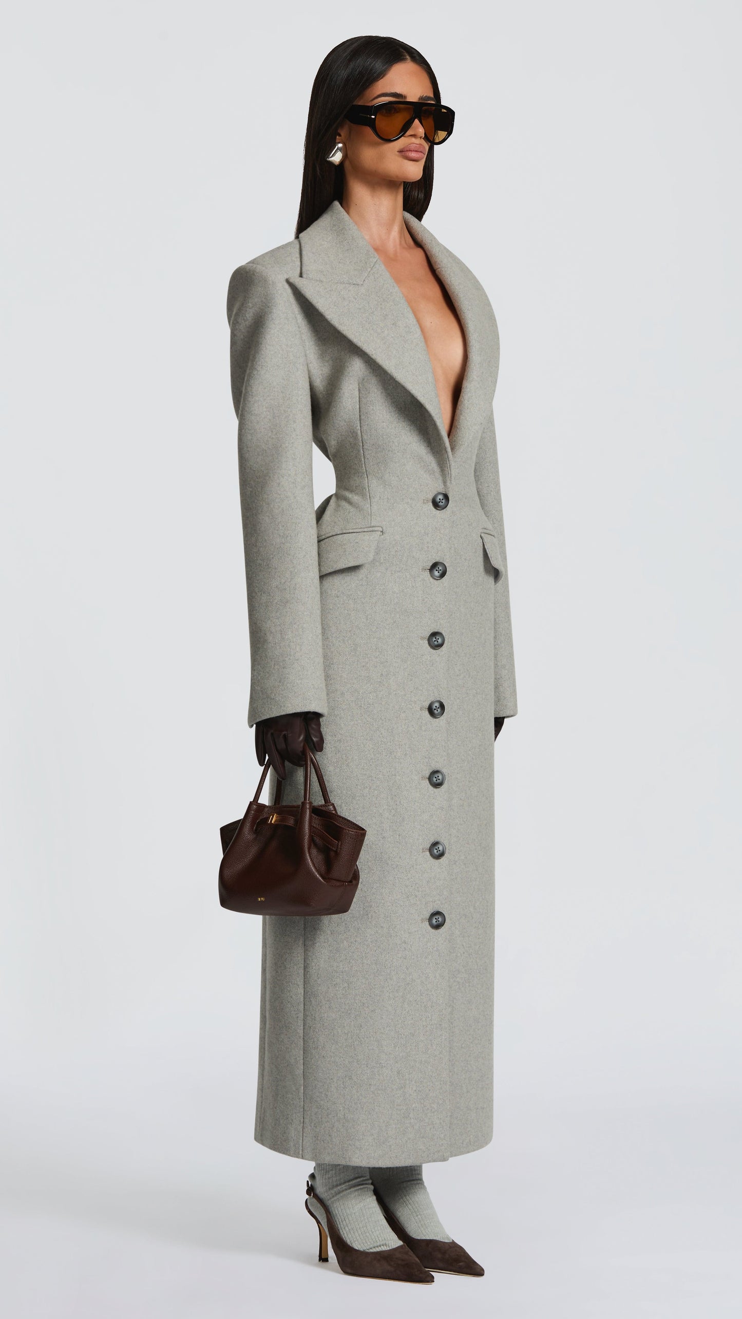 MAISON AVELORE URSULA — Long Manteau en Laine Mélangée (Gris Clair)